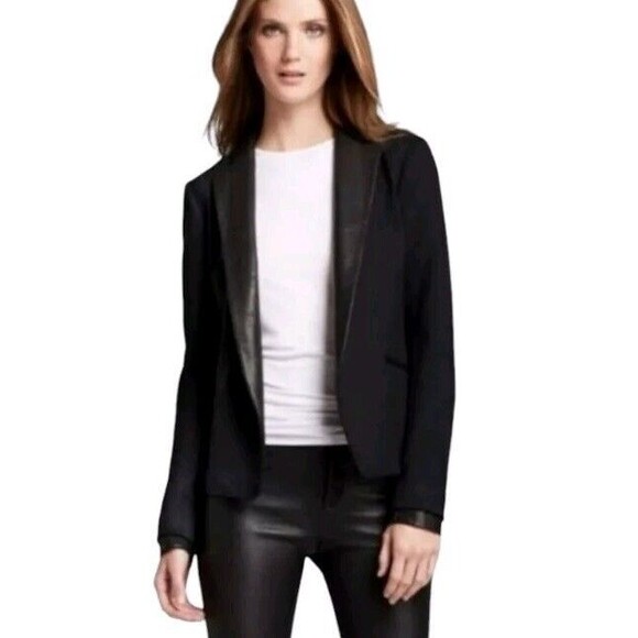 Theory Goat Leather Trim Blazer Women's Size 6 Leandria Minimalist Black Office - Picture 1 of 10